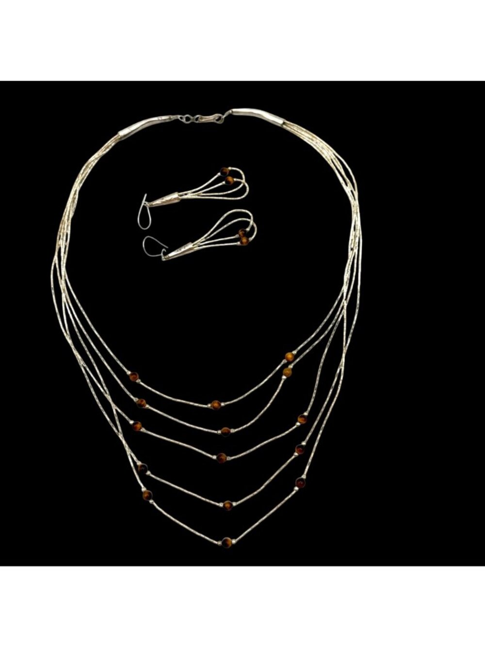 Multi-Strand Liquid Silver Necklace and Earrings Set 4mm Tiger's Eye - 20" - Picture 9 of 14